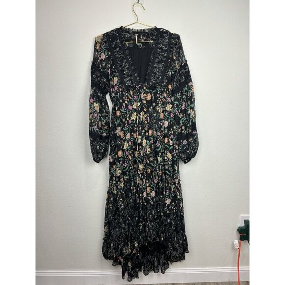 Free People Cassis Printed Chiffon Midi Dress Flowy Ruffles Floral Black Small - Picture 3 of 12